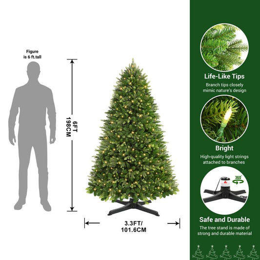 6/7.5Ft Artificial Green Christmas Tree, PE+PVC Material, 12 Lighting Modes, Prelit with Warm White Lights, with Rotating Stand