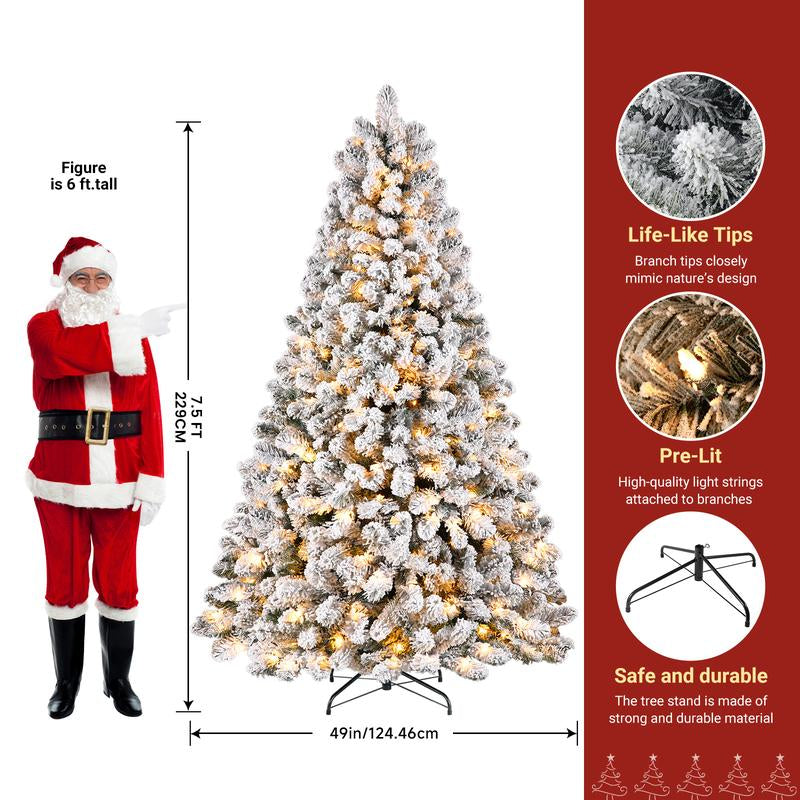 4/5/6/7.5/9FT Pre-Lit Snow Flocked Christmas Tree with Warm White Lights & Foldable Stand – Perfect for Holiday, Home & Party Decoration