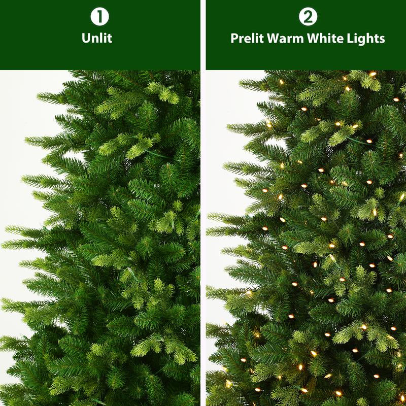 6/7.5Ft Artificial Green Christmas Tree, PE+PVC Material, 12 Lighting Modes, Prelit with Warm White Lights, with Rotating Stand