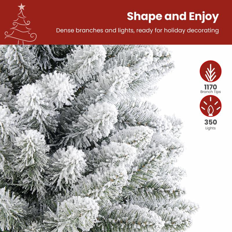 4/5/6/7.5/9FT Pre-Lit Snow Flocked Christmas Tree with Warm White Lights & Foldable Stand – Perfect for Holiday, Home & Party Decoration