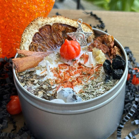 Fall Spirit Spell Candle - Spooky Decor - Herbs and Crystal Candles - Cinnamon Swirl Candle - Magical Trinkets Holiday Candle Premium Candle