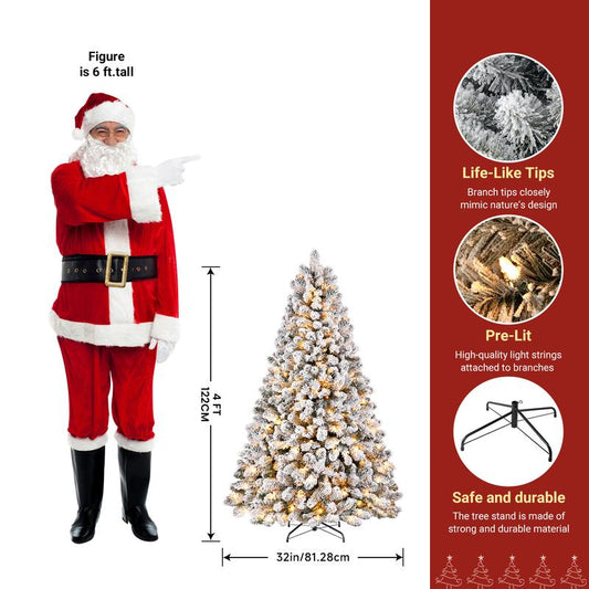 4/5/6/7.5/9FT Pre-Lit Snow Flocked Christmas Tree with Warm White Lights & Foldable Stand – Perfect for Holiday, Home & Party Decoration