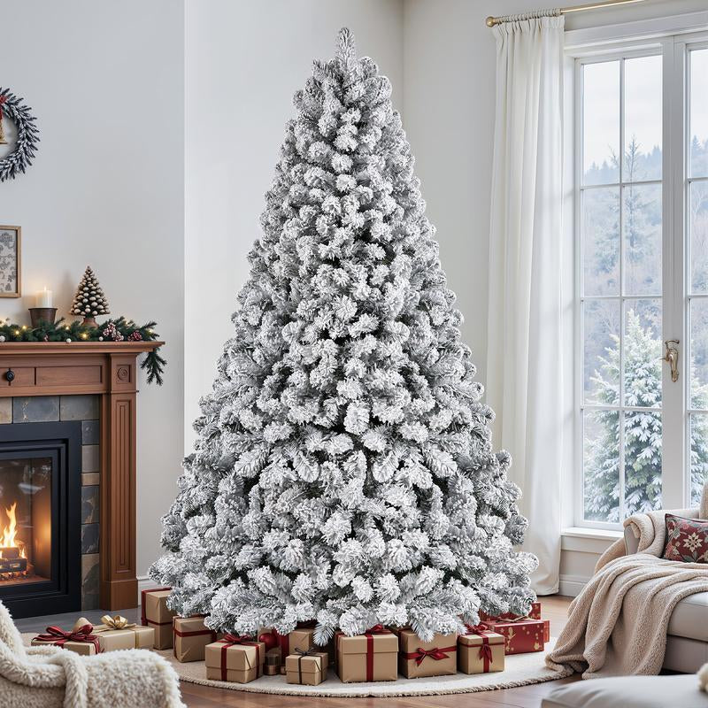 4/5/6/7.5/9FT Pre-Lit Snow Flocked Christmas Tree with Warm White Lights & Foldable Stand – Perfect for Holiday, Home & Party Decoration