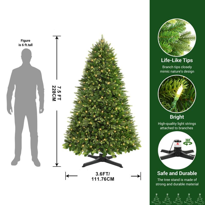6/7.5Ft Artificial Green Christmas Tree, PE+PVC Material, 12 Lighting Modes, Prelit with Warm White Lights, with Rotating Stand