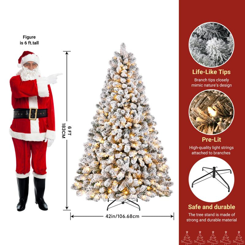 4/5/6/7.5/9FT Pre-Lit Snow Flocked Christmas Tree with Warm White Lights & Foldable Stand – Perfect for Holiday, Home & Party Decoration