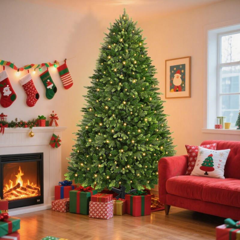 6/7.5Ft Artificial Green Christmas Tree, PE+PVC Material, 12 Lighting Modes, Prelit with Warm White Lights, with Rotating Stand