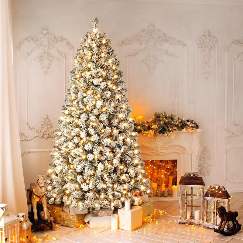 4/5/6/7.5/9FT Pre-Lit Snow Flocked Christmas Tree with Warm White Lights & Foldable Stand – Perfect for Holiday, Home & Party Decoration