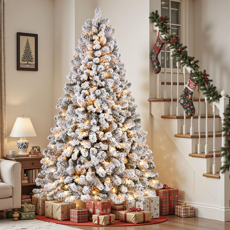 4/5/6/7.5/9FT Pre-Lit Snow Flocked Christmas Tree with Warm White Lights & Foldable Stand – Perfect for Holiday, Home & Party Decoration