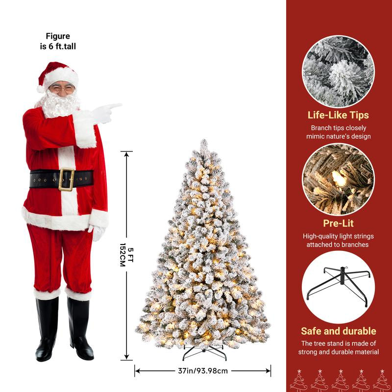 4/5/6/7.5/9FT Pre-Lit Snow Flocked Christmas Tree with Warm White Lights & Foldable Stand – Perfect for Holiday, Home & Party Decoration