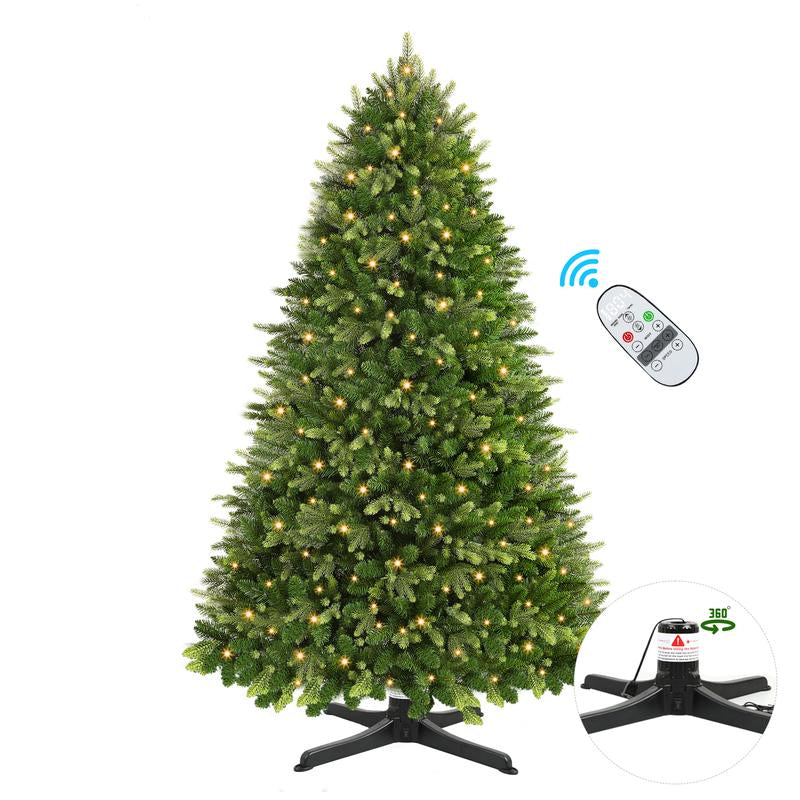 6/7.5Ft Artificial Green Christmas Tree, PE+PVC Material, 12 Lighting Modes, Prelit with Warm White Lights, with Rotating Stand