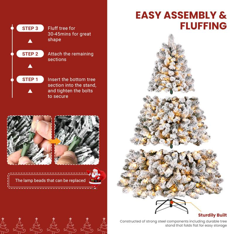 4/5/6/7.5/9FT Pre-Lit Snow Flocked Christmas Tree with Warm White Lights & Foldable Stand – Perfect for Holiday, Home & Party Decoration
