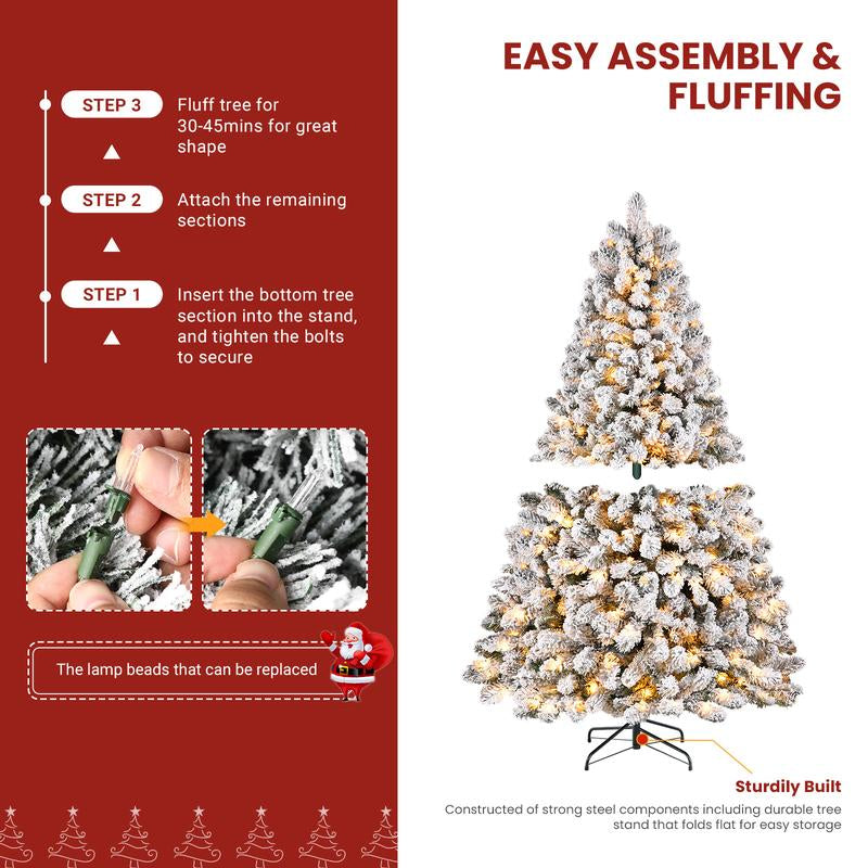 4/5/6/7.5/9FT Pre-Lit Snow Flocked Christmas Tree with Warm White Lights & Foldable Stand – Perfect for Holiday, Home & Party Decoration