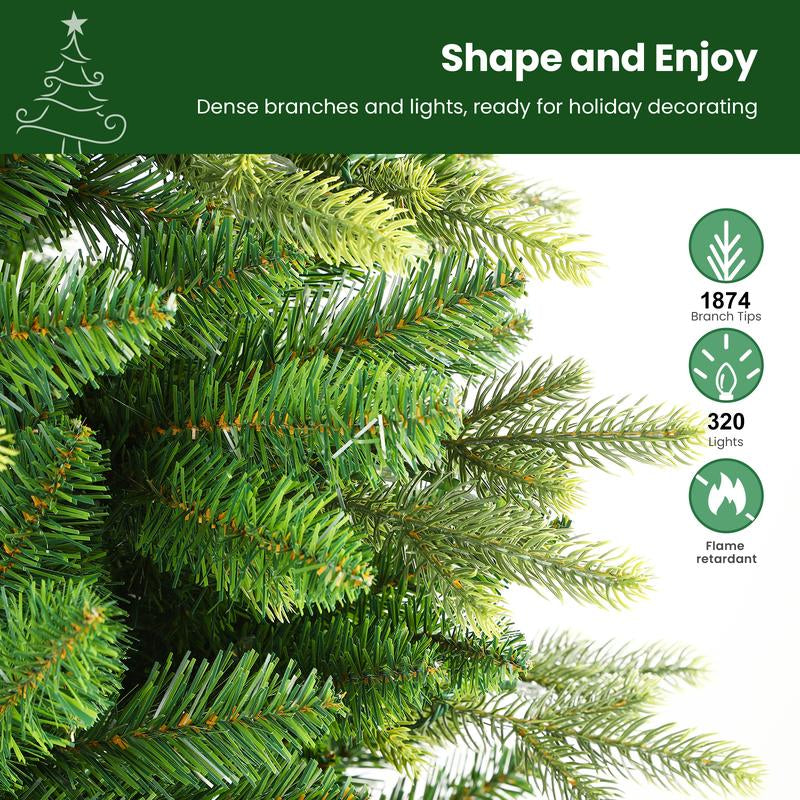 6/7.5Ft Artificial Green Christmas Tree, PE+PVC Material, 12 Lighting Modes, Prelit with Warm White Lights, with Rotating Stand