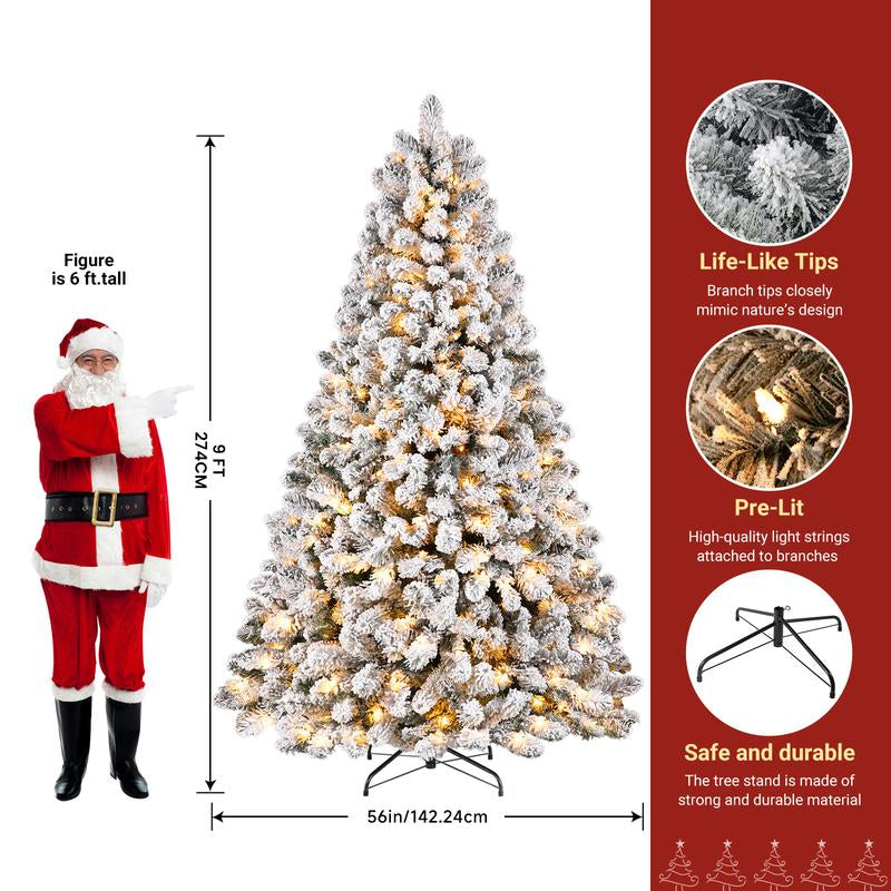 4/5/6/7.5/9FT Pre-Lit Snow Flocked Christmas Tree with Warm White Lights & Foldable Stand – Perfect for Holiday, Home & Party Decoration