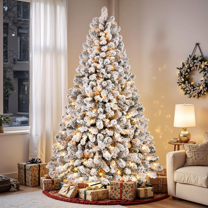 4/5/6/7.5/9FT Pre-Lit Snow Flocked Christmas Tree with Warm White Lights & Foldable Stand – Perfect for Holiday, Home & Party Decoration