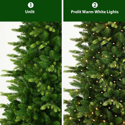6/7.5Ft Artificial Green Christmas Tree, PE+PVC Material, 12 Lighting Modes, Prelit with Warm White Lights, with Rotating Stand