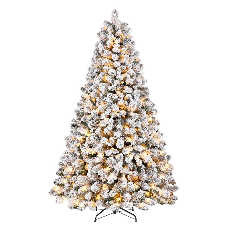 4/5/6/7.5/9FT Pre-Lit Snow Flocked Christmas Tree with Warm White Lights & Foldable Stand – Perfect for Holiday, Home & Party Decoration