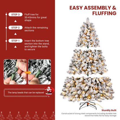 4/5/6/7.5/9FT Pre-Lit Snow Flocked Christmas Tree with Warm White Lights & Foldable Stand – Perfect for Holiday, Home & Party Decoration
