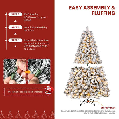 4/5/6/7.5/9FT Pre-Lit Snow Flocked Christmas Tree with Warm White Lights & Foldable Stand – Perfect for Holiday, Home & Party Decoration