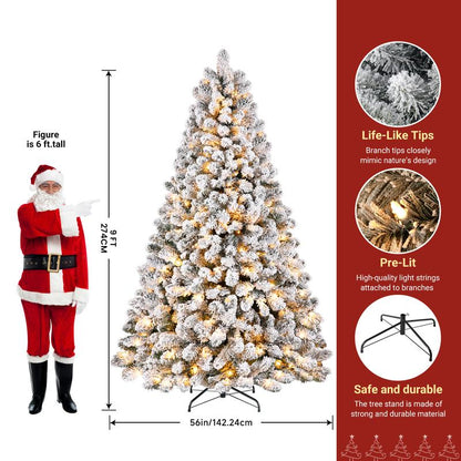 4/5/6/7.5/9FT Pre-Lit Snow Flocked Christmas Tree with Warm White Lights & Foldable Stand – Perfect for Holiday, Home & Party Decoration