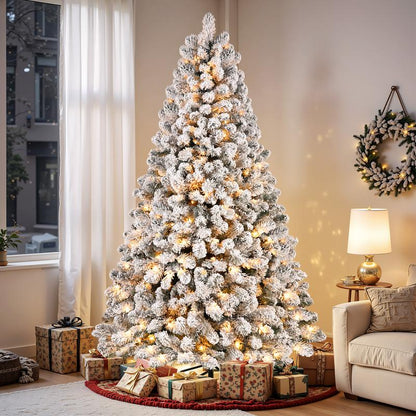 4/5/6/7.5/9FT Pre-Lit Snow Flocked Christmas Tree with Warm White Lights & Foldable Stand – Perfect for Holiday, Home & Party Decoration